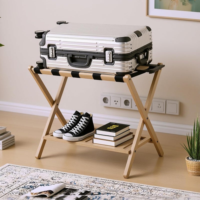 GAOHAPY Bamboo Luggage Rack with Shoe Shelf Folding Suitcase Stand with 5 Heavy-Duty Straps for Guest Room Living Room Hotel Ideal Luggage Holder for Suitcases Bags Shoes,Nature - Image 5
